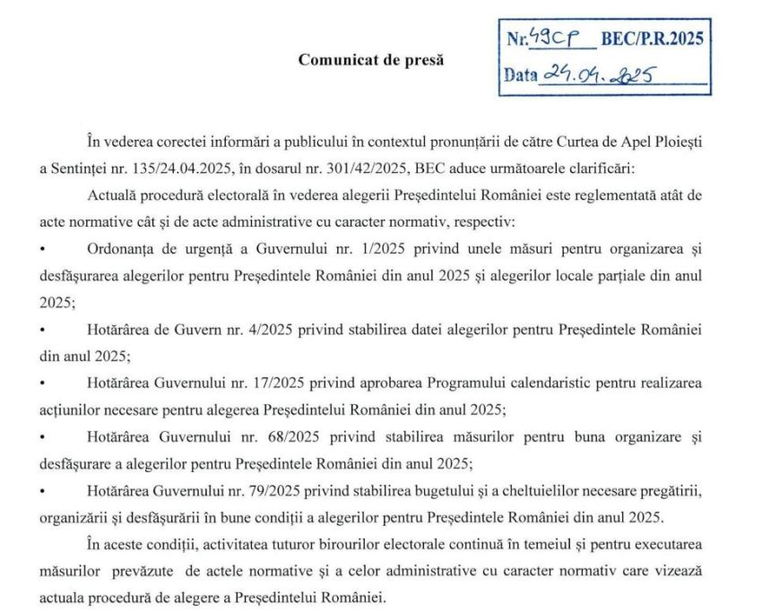 Judecătorii au suspendat decizia CCR de anulare a alegerilor 2 comunicat BEC - Judecătorii au suspendat decizia CCR de anulare a alegerilor