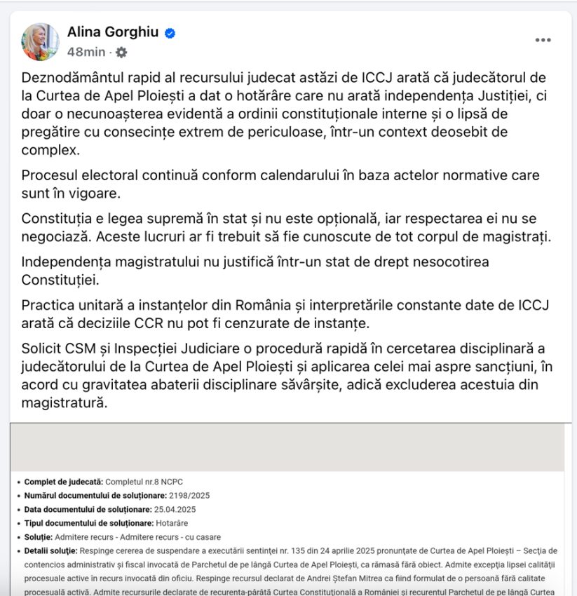După ce Curtea Supremă a admis recursul. Alina Gorghiu: ”Deciziile CCR nu pot fi cenzurate de instanțe” 1 Sursă foto: screenshot FB ALina Gorghiu