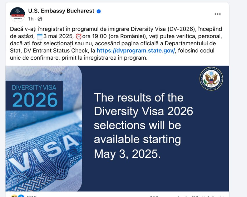 Ai aplicat pentru Diversity Visa 2026? Verifică dacă ai câștigat Loteria Vizelor! 1 Sursă foto: Facebook de Ambasada SUA la București.
