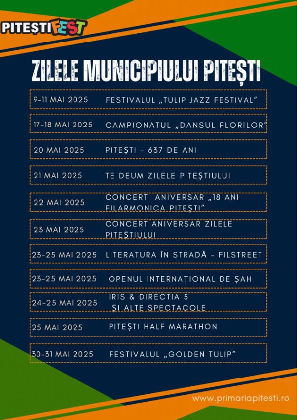 Zilele Municipiului Piteşti – Pitești Fest, ediția a 33-a: 9 – 31 mai! Iris și Direcția 5 vin în Lunca Argeșului! 1 zilele municipiului pitesti1 - Zilele Municipiului Piteşti – Pitești Fest, ediția a 33-a: 9 – 31 mai! Iris și Direcția 5 vin în Lunca Argeșului!