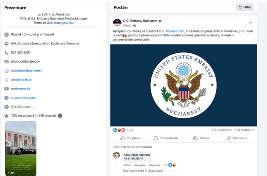 Sursă foto: screenshot FB U.S. Embassy Bucharest 