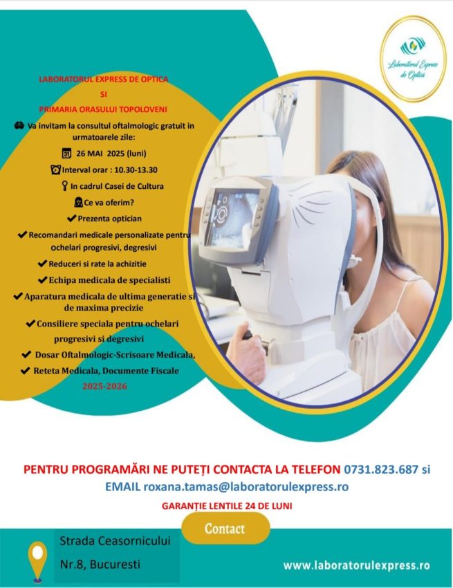 Consult oftalmologic oferit GRATUIT la Topoloveni 1 consult la Topoloveni