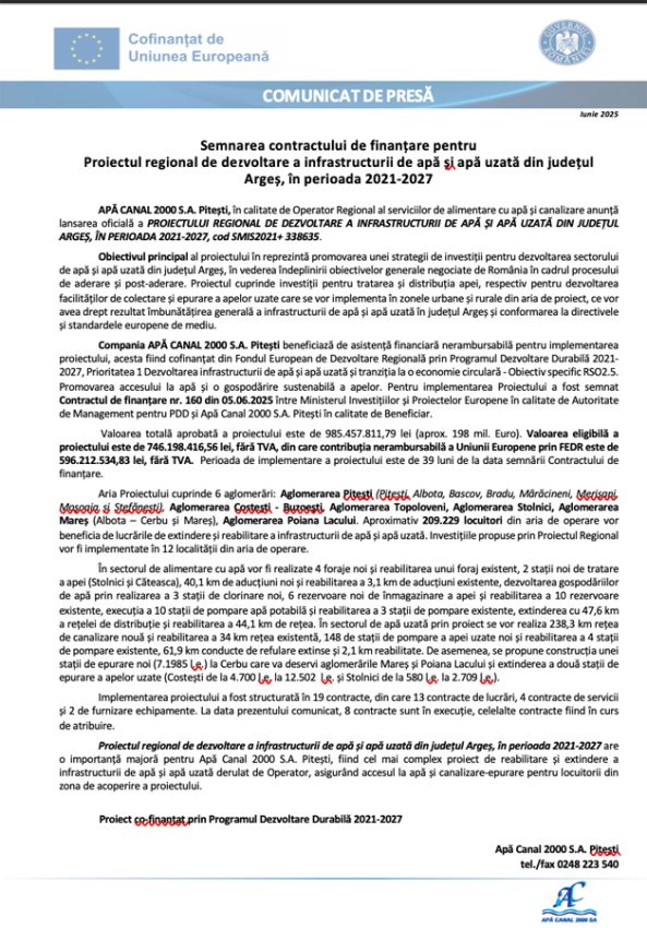 Semnarea contractului de finanțare pentru Proiectul regional de dezvoltare a infrastructurii de apă şi apă uzată din județul Argeș, în perioada 2021-2027 1 comunicat apa canal 1 - Semnarea contractului de finanțare pentru Proiectul regional de dezvoltare a infrastructurii de apă şi apă uzată din județul Argeș, în perioada 2021-2027