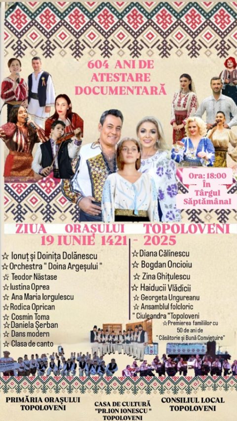Topoloveni sărbătorește 604 ani cu premii, tradiții și muzică populară. Ionuț și Doinița Dolănescu, așteptați să încânte oamenii 1 Sursă foto: Topoloveni