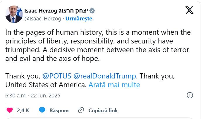 SUA au atacat 3 situri nucleare din Iran. Ce a transmis Donald Trump 1 presedinte Iran mesaj pe X