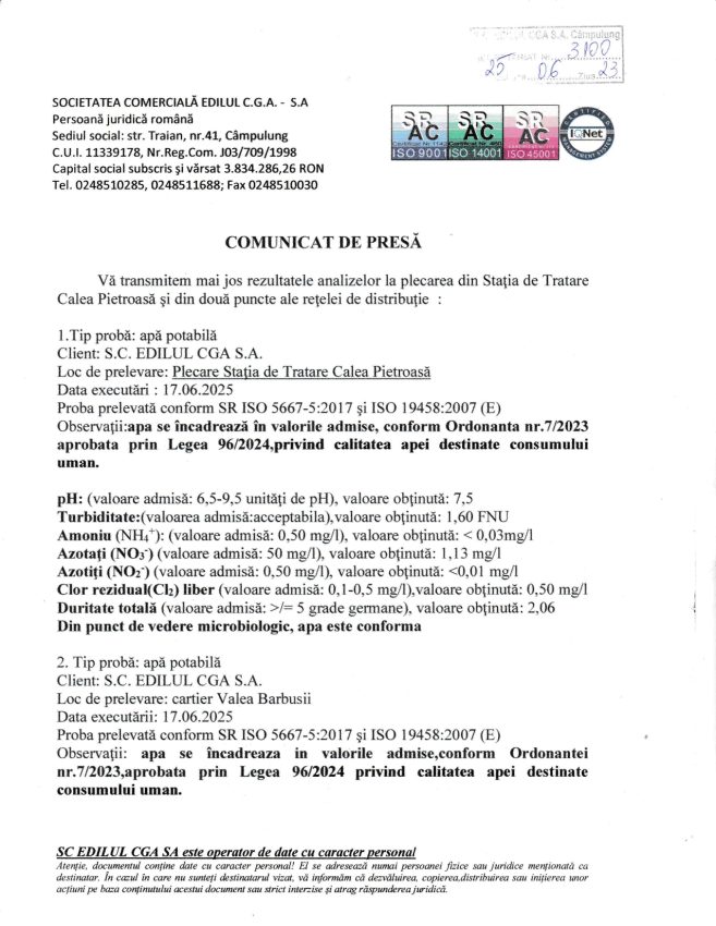 Edilul – anunț oficial privind calitatea apei în Câmpulung Muscel 1 Comunicat calitatea apei nr. 3100 din 23 iunie page 0001 - Edilul – anunț oficial privind calitatea apei în Câmpulung Muscel