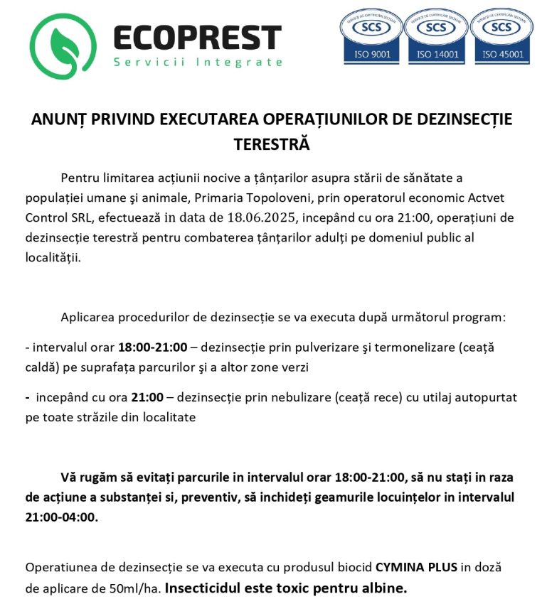 Operațiuni de dezinsecție anunțate pe 18 iunie la Topoloveni 1 dezinsectie Topoloveni - Operațiuni de dezinsecție anunțate pe 18 iunie la Topoloveni