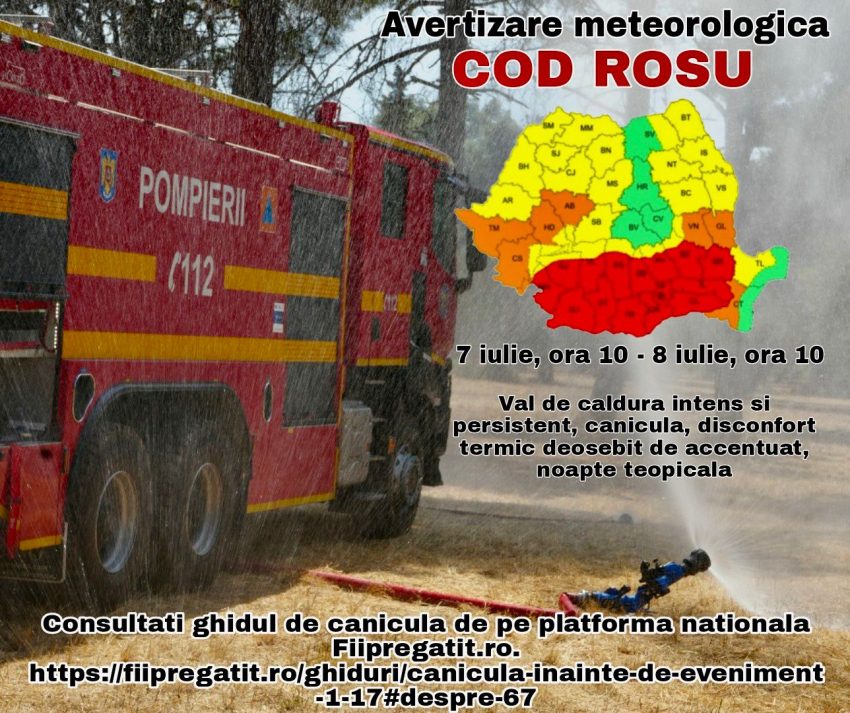 Cod roșu de caniculă în Argeș. A fost emis mesaj RO Alert! 1 cod rosu de canicula