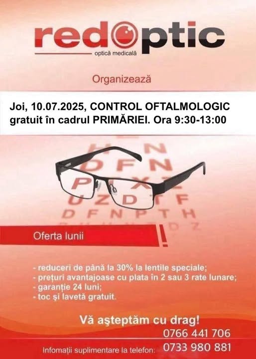 Control oftalmologic gratuit în comuna Bradu 1 la Bradu