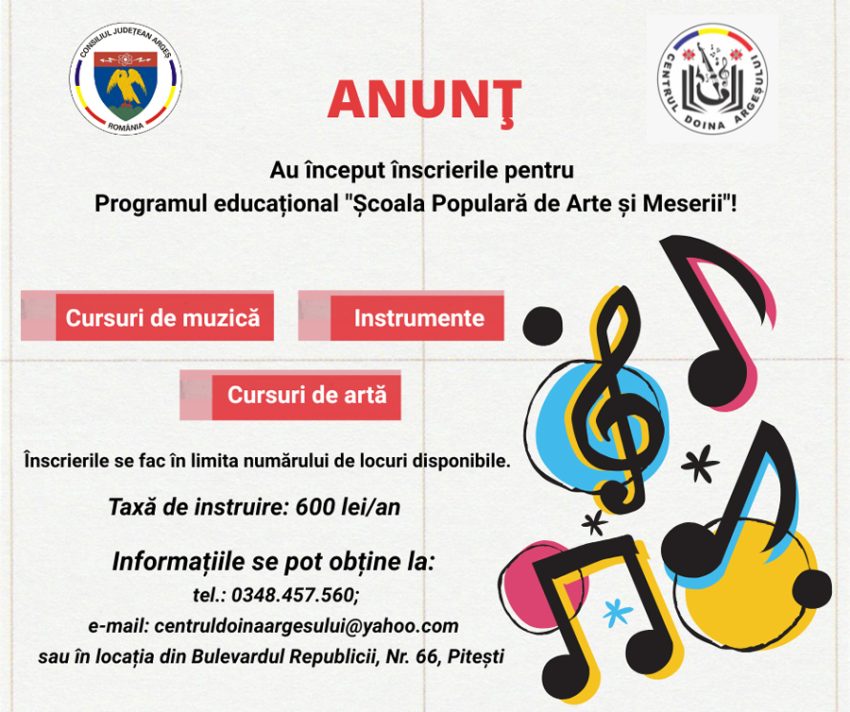 Atenție, părinți și bunici! Înscrieri deschise la Școala Populară de Arte și Meserii 1 Sursă foto: CJ Argeș.