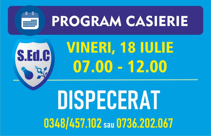 Casierie cu program redus la SEDC Mioveni pe 18 iulie. Plata online rămâne disponibilă 1 Sursă foto: FB Servicii Edilitare pentru Comunitate Mioveni.