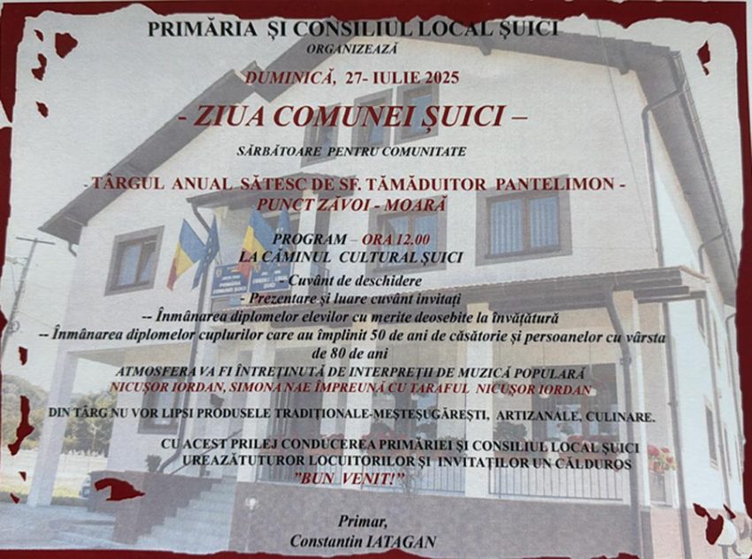 Sărbătoare și tradiție la Șuici: Duminică, hai la Târgul sătesc de Sfântul Tămăduitor Pantelimon! 1 Sursă foto: Primaria Suici