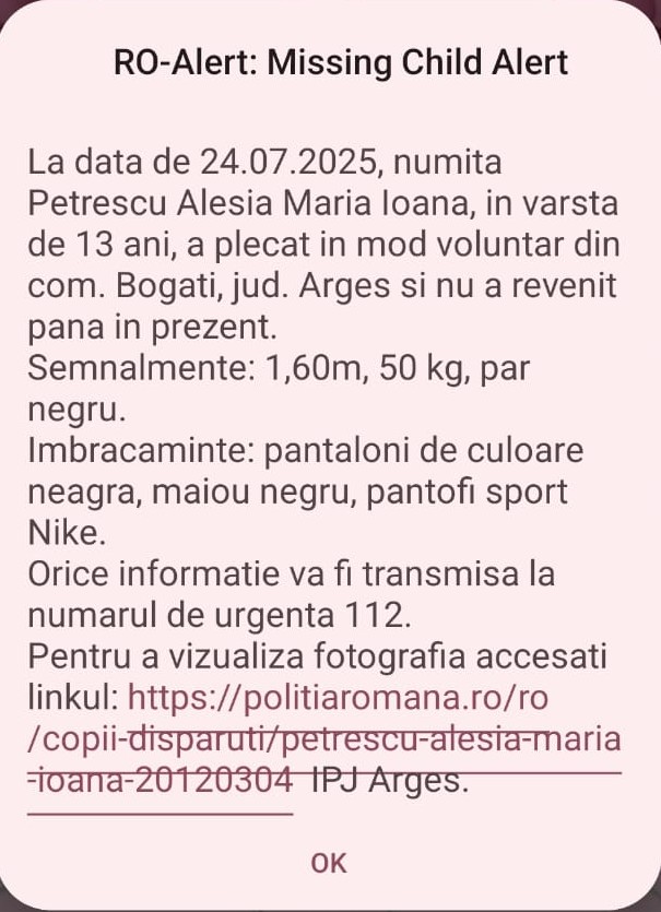 Minoră de 13 ani din Argeș căutată de familie și polițiști. Ați văzut-o? 2 copil disparut - Minoră de 13 ani din Argeș căutată de familie și polițiști. Ați văzut-o?