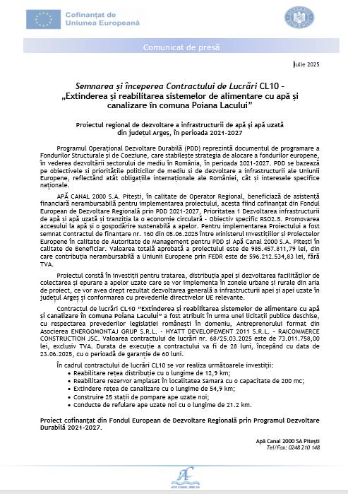 Semnarea și începerea Contractului de Lucrări CL10 – „Extinderea și reabilitarea sistemelor de alimentare cu apă și canalizare în comuna Poiana Lacului” 1 111 - Semnarea și începerea Contractului de Lucrări CL10 – „Extinderea și reabilitarea sistemelor de alimentare cu apă și canalizare în comuna Poiana Lacului”