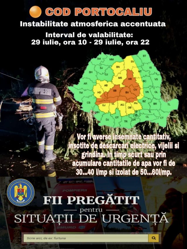 Argeșul se află azi sub cod portocaliu de instabilitate atmosferică accentuată 1 avertizare cod portocaliu Arges