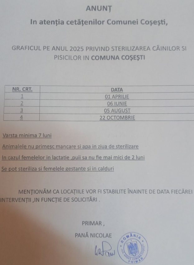 Campanie de sterilizare gratuită a câinilor și pisicilor pe 5 august la Coșești 1 la Coșești