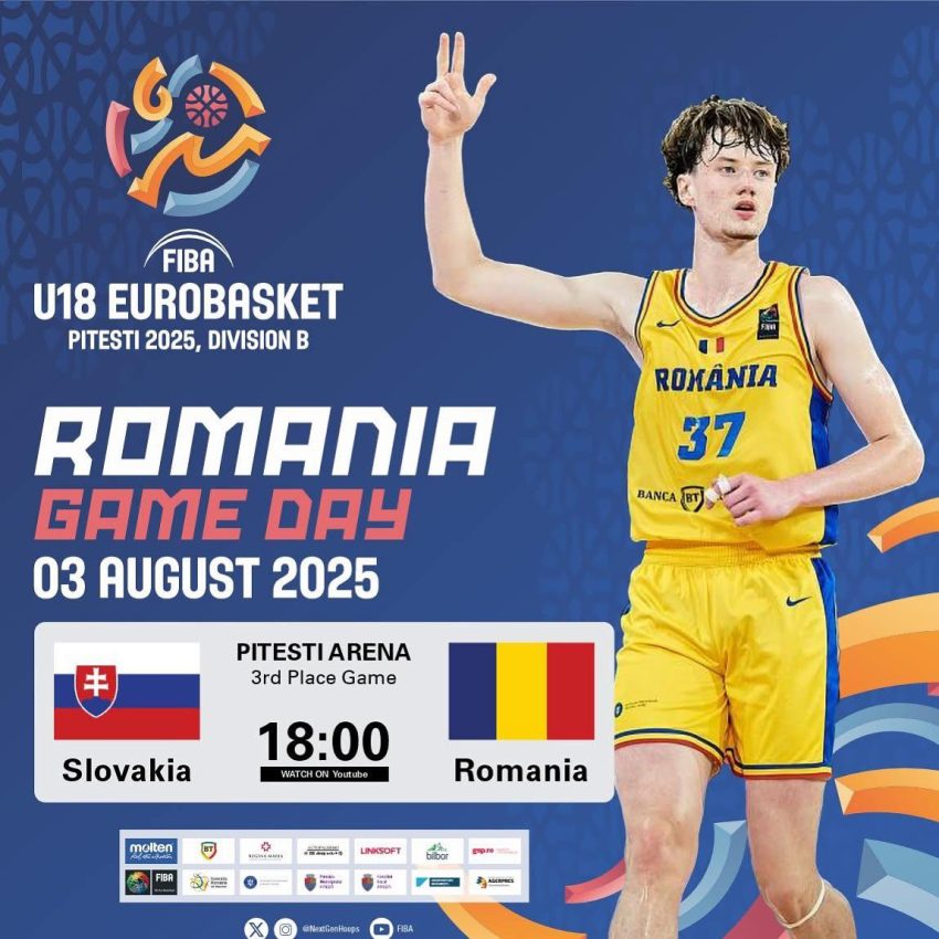 Lupta pentru locul 3 și promovarea în FIBA U18 Eurobasket Division A se dă azi la Pitești Arena 2 meci baschet Romania Pitesti Arena