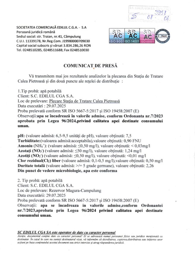 Comunicat calitatea apei nr 3958 din 4 august 1 - Calitatea apei potabile. Rezultatele analizelor efectuate de S.C. EDILUL CGA S.A