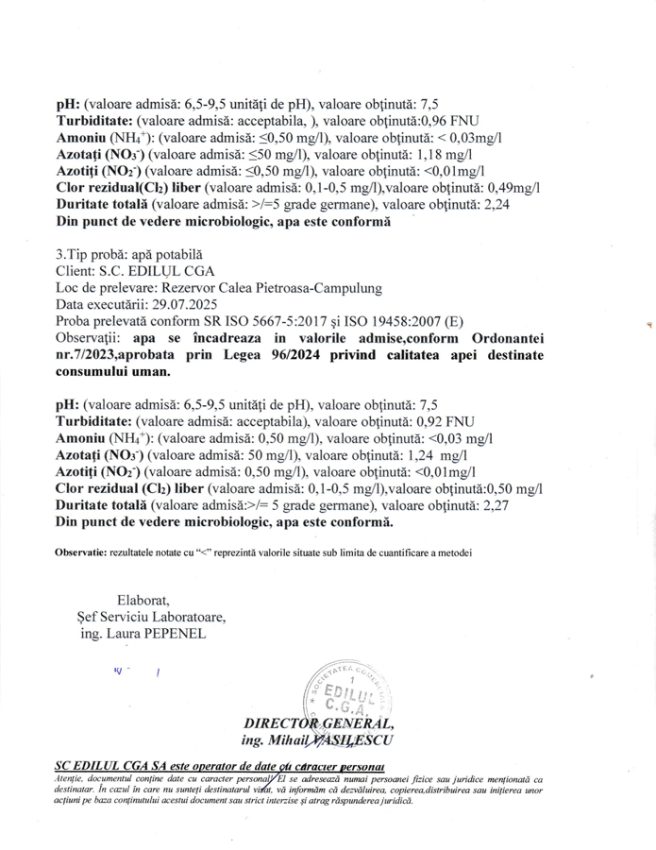 Comunicat calitatea apei nr 3958 din 4 august 2 - Calitatea apei potabile. Rezultatele analizelor efectuate de S.C. EDILUL CGA S.A