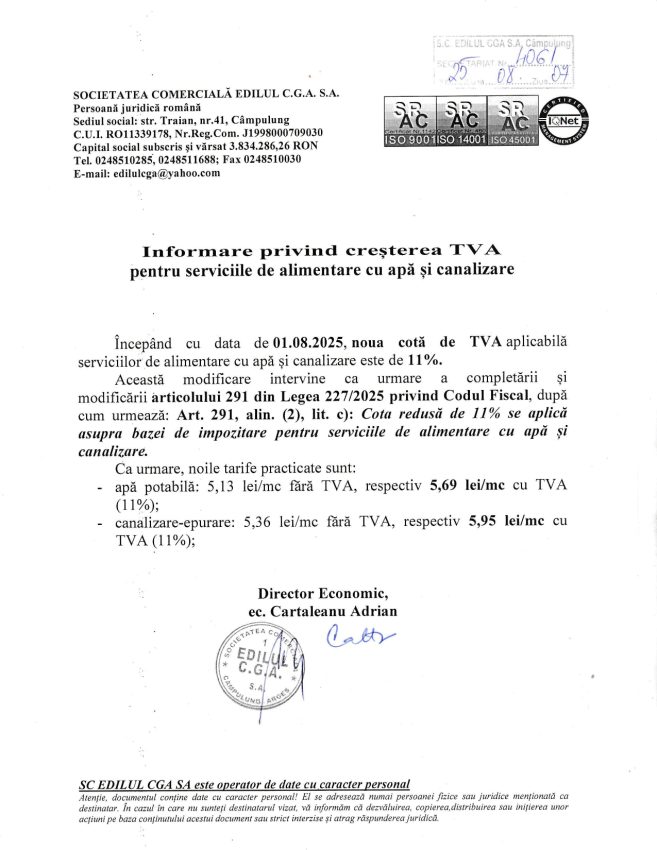 Comunicat TVA page 0001 - Noi tarife pentru apă și canalizare anunțate de S.C. EDILUL CGA S.A