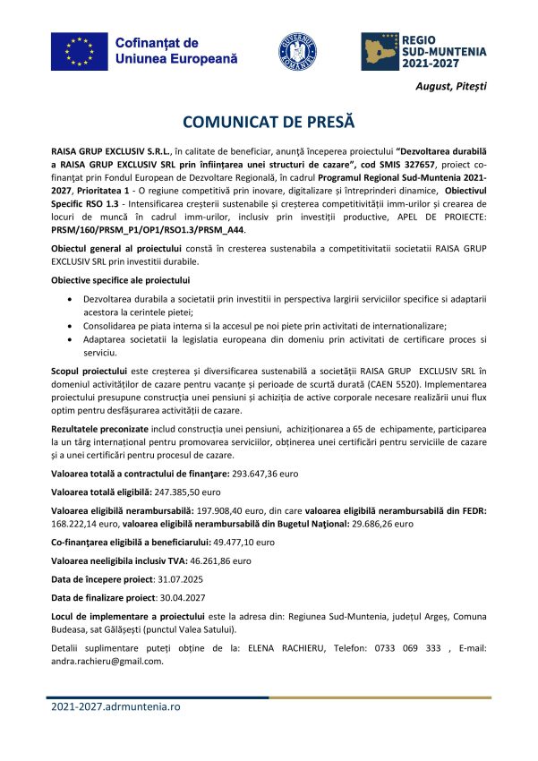 comunicat presa PR SM 2021 2027 1 1 - Comunicat: “Dezvoltarea durabilă a RAISA GRUP EXCLUSIV SRL prin înființarea unei structuri de cazare”