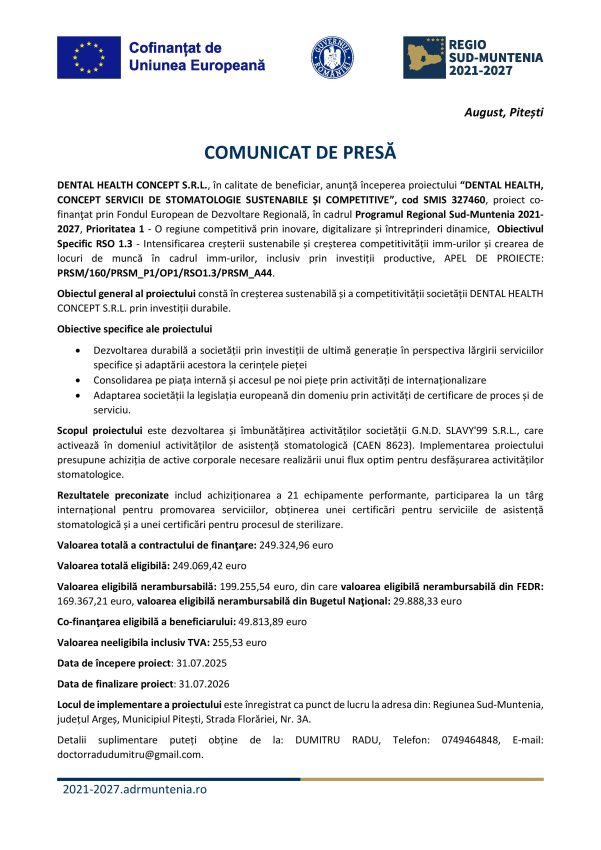 comunicat presa PR SM 2021 2027 1 - Comunicat “DENTAL HEALTH, CONCEPT SERVICII DE STOMATOLOGIE SUSTENABILE ȘI COMPETITIVE”