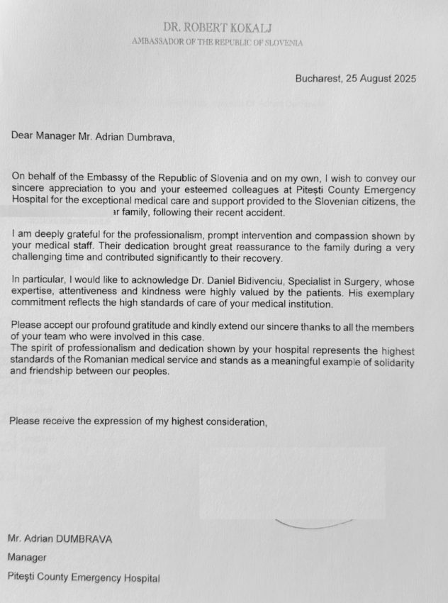 Spitalul Județean de Urgență  - apreciat la nivel diplomatic. Scrisoare de mulțumire de la ambasadorul Sloveniei pentru echipa medicală din Pitești 1 Sursă foto: editia tiparita