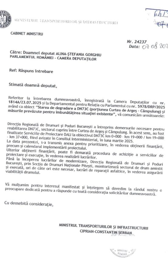 DN73C, între Curtea de Argeș și Câmpulung: proiect avizat, reparații provizorii până la execuția modernizării 1 Sursă foto: FB ALina Gorghiu
