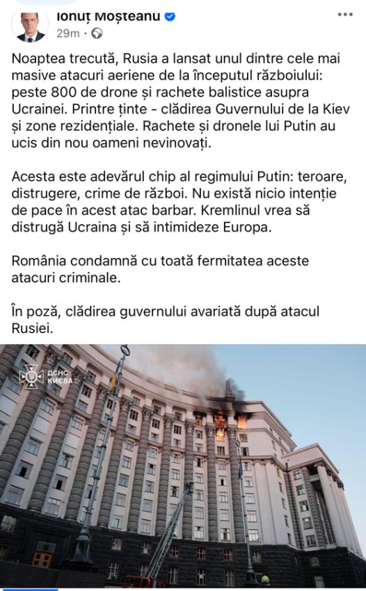 Ministrul Apărării: ”Acesta este adevărul chip al regimului Putin: teroare, distrugere, crime de război” 1 Sursă foto: FB screenshot Ionuț Mosteanu.