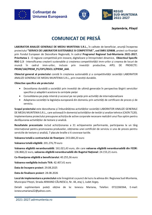 comunicat presa PR SM 2021 2027 LABORATOR ANALIZE GENERALE DE MEDIU MUNTENIA page 0001 - Comunicat de presă: Începerea proiectului “SERVICII DE LABORATOR SUSTENABILE SI COMPETITIVE”