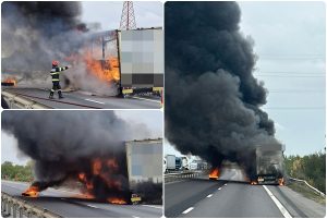 cats 1 - Trafic blocat pe A1! Un TIR încărcat cu parchet a luat foc