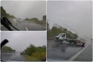 page 1 - Accident pe A1, surprins de camera de bord a unei mașini. Autoplatformă implicată