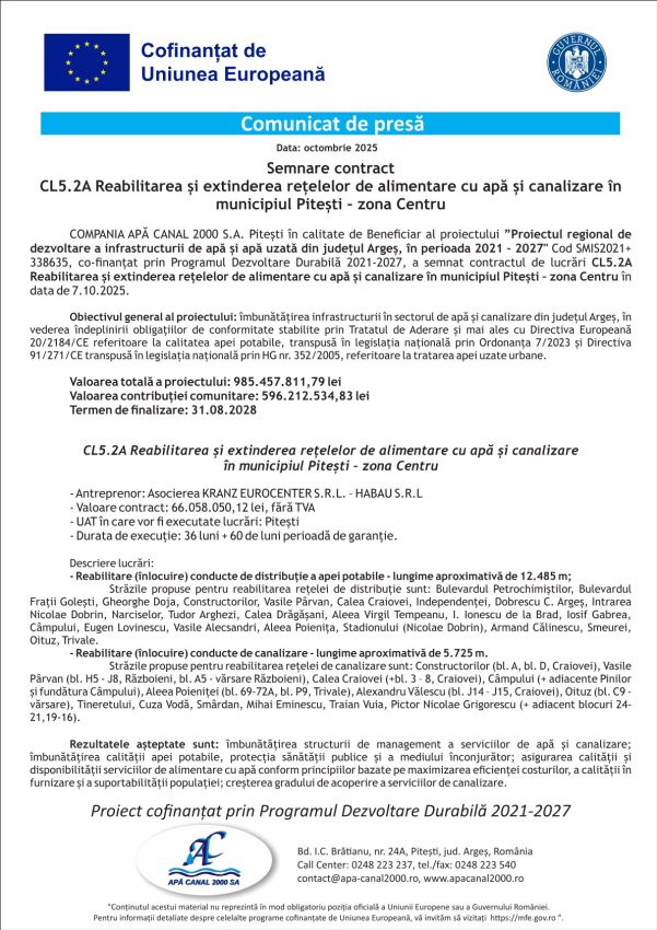 comunicat CL52A final - Comunicat de presă: CL5.2A Reabilitarea și extinderea rețelelor de alimentare cu apă și canalizare în municipiul Pitești – zona Centru