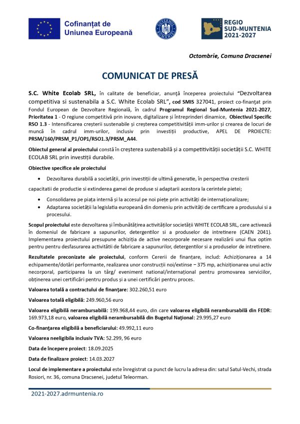 comunicat presa PR SM 2021 2027 WHITE ECOLAB SRL page 0001 - Comunicat de presă: Începerea proiectului “Dezvoltarea competitiva si sustenabila a S.C. White Ecolab SRL”
