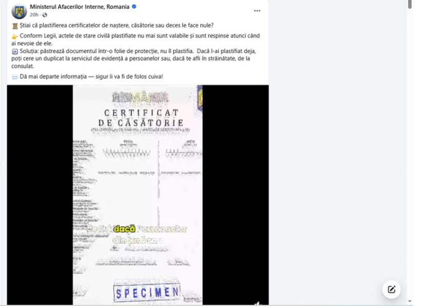 Atenție! Certificatul de naștere, căsătorie sau deces devine nul dacă este plastifiat 1 Sursă foto: screenshot FB MAI