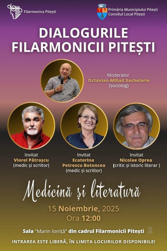 Medici scriitori și critici literari, față în față la Filarmonica Pitești 1 Sursă foto: FB Primăria Municipiului Pitești.