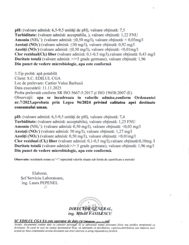 Calitatea apei potabile, verificată de S.C. EDILUL CGA S.A. 2 Comunicat calitatea apei nr5771 din 17 noiembrie 2 - Calitatea apei potabile, verificată de S.C. EDILUL CGA S.A.