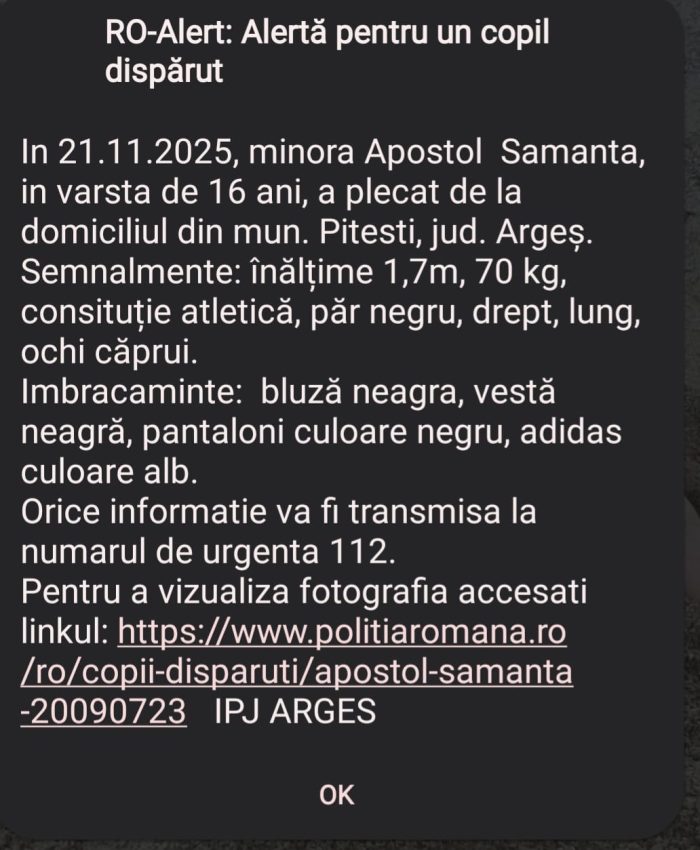 Minoră de 16 ani dispărută de la Centrul „Casa Noastră” din Pitești 1 6aef9528 b4e0 4d19 8fde fd047677dfe0 - Minoră de 16 ani dispărută de la Centrul „Casa Noastră” din Pitești