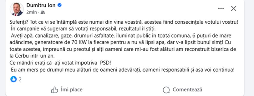 Primarul de la Albota izbucnește! Mesaj tăios pentru votanți: ”Tot ce vi se întâmplă este numai din vina voastră!’” 1 Sursă foto:FB Dumitru Ion.