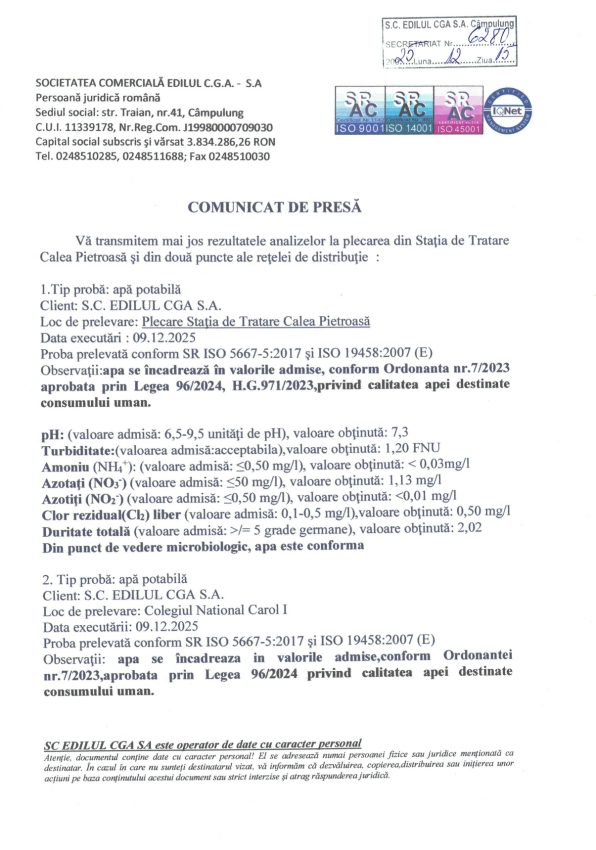 Comunicat calitatea apei 6280 din 15 dec page 0001 - Calitatea apei potabile din Câmpulung - verificată de S.C. EDILUL CGA S.A