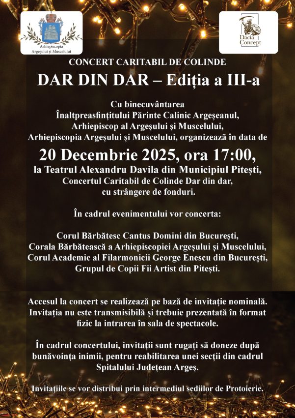 „Dar din Dar” revine la Pitești: concert caritabil pentru reabilitarea Spitalului Județean 1 Sursă foto: Facebook Arhiepiscopia Argeșului și Muscelului.