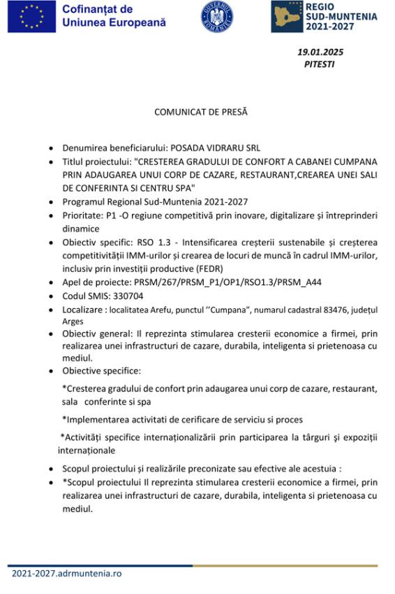 comunicat presa PR SM 2021 2027 2 1 - COMUNICAT DE PRESĂ: "CREȘTEREA GRADULUI DE CONFORT A CABANEI CUMPĂNA PRIN ADĂUGAREA UNUI CORP DE CAZARE, RESTAURANT, CREAREA UNEI SĂLI DE CONFERINȚĂ ȘI CENTRU SPA”