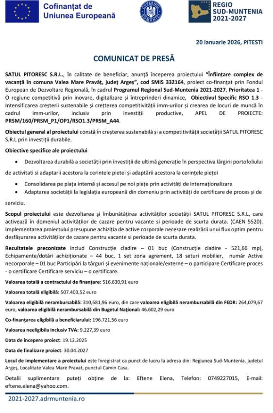 comunicat presa PR SM 2021 2027 1 - COMUNICAT DE PRESĂ: Începerea proiectului “Înființare complex de vacanță în comuna Valea Mare Pravăț, județ Argeș”