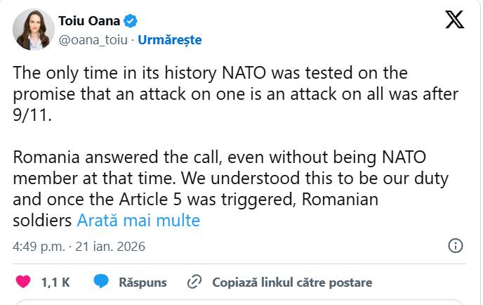 1111 - Ministrul Oana Țoiu: „Președintele Trump ne-a întrebat la Davos, dacă Europa va răspunde apelului SUA în momente de nevoie”