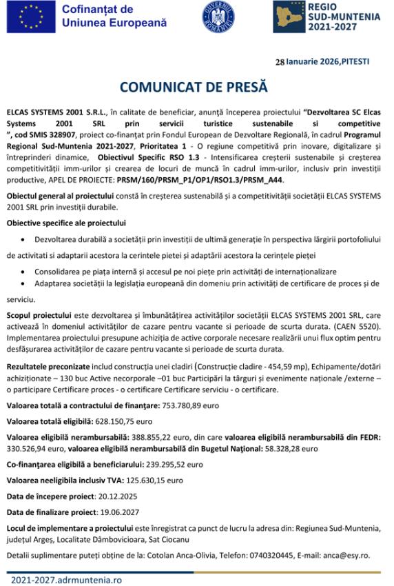 COMUNICAT DE PRESĂ - “Dezvoltarea SC Elcas Systems 2001 SRL prin servicii turistice sustenabile si competitive” 1 comunicat presa PR SM 2021 2027 1 1 compressed - COMUNICAT DE PRESĂ - “Dezvoltarea SC Elcas Systems 2001 SRL prin servicii turistice sustenabile si competitive”