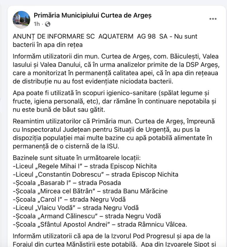 primarioa curtae de arges - Anunț important pentru Curtea de Argeș: Apa din rețea nu are bacterii, dar nu este bună de băut