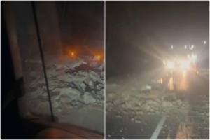 Pericol pe Valea Oltului! O stâncă a căzut peste un autoturism