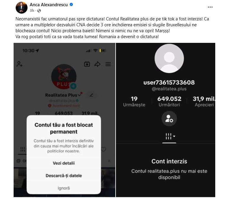 TikTok a închis contul Realitatea Plus. Decizia, luată după ce CNA a sancționat postul 1 Mesajul postat de Anca Alexandrescu