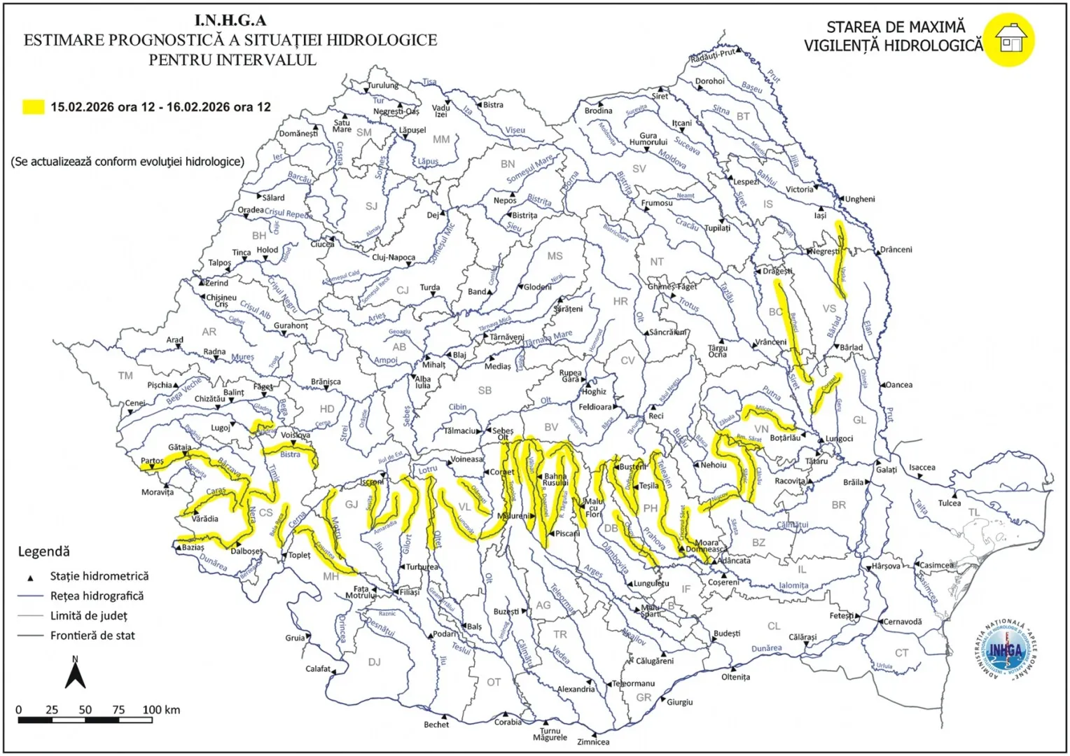 Argeșul și alte 15 județe din țară se află sub avertizare de inundații 1 harta inundatii