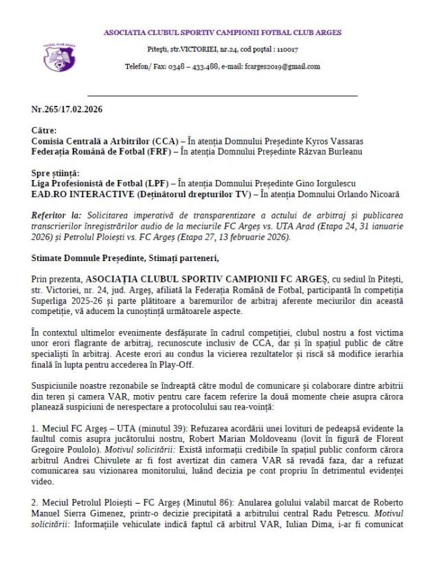 635064621 1505939914866991 8452049911999616887 n - Demers oficial: FC Argeș solicită CCA publicarea dialogurilor dintre arbitri și VAR